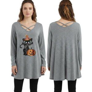 POOF New York Women's Sequins Halloween Black Cat Pumpkin Tunic Top Size Medium